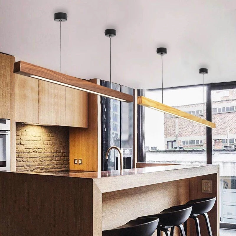 Suspension LED style bois de noyer ou de sapin | Design rectiligne & minimaliste