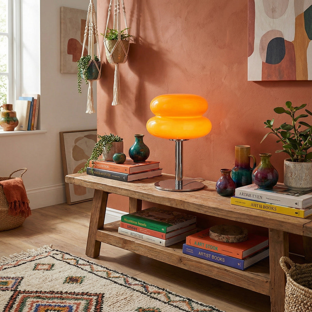Lampe de table Dimoree en verre soufflé orange forme macaron sur un banc en bois dans un salon bohème